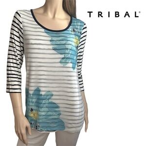TRIBAL Top Shirt Blouse Tunic Rayon Nylon Limited Edition Floral and Stripe